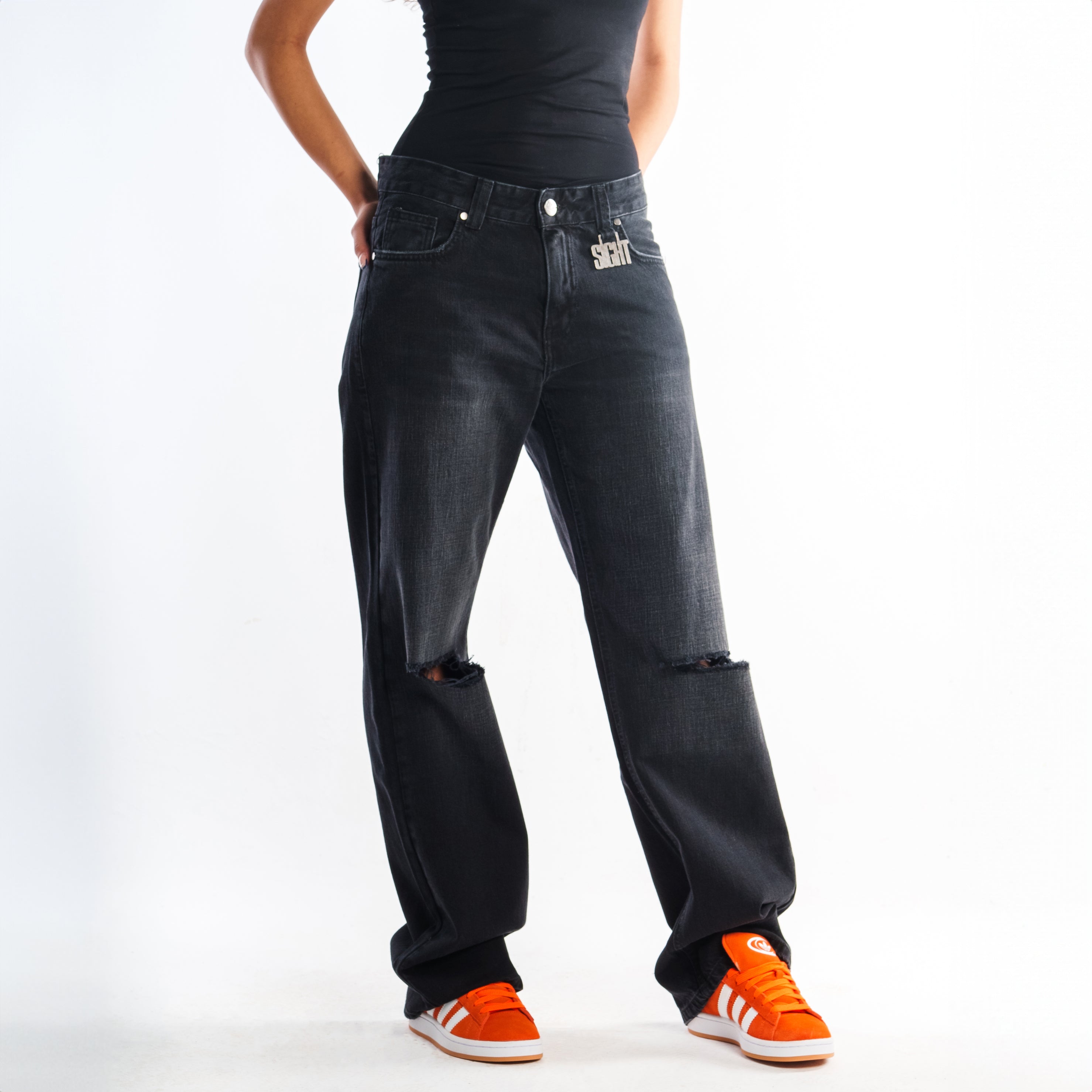 Low Waist "Black Knee" Women Jeans