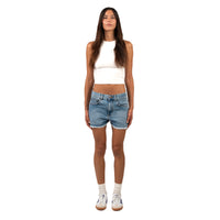 ⁠Blue Denim Women Mid Length Shorts