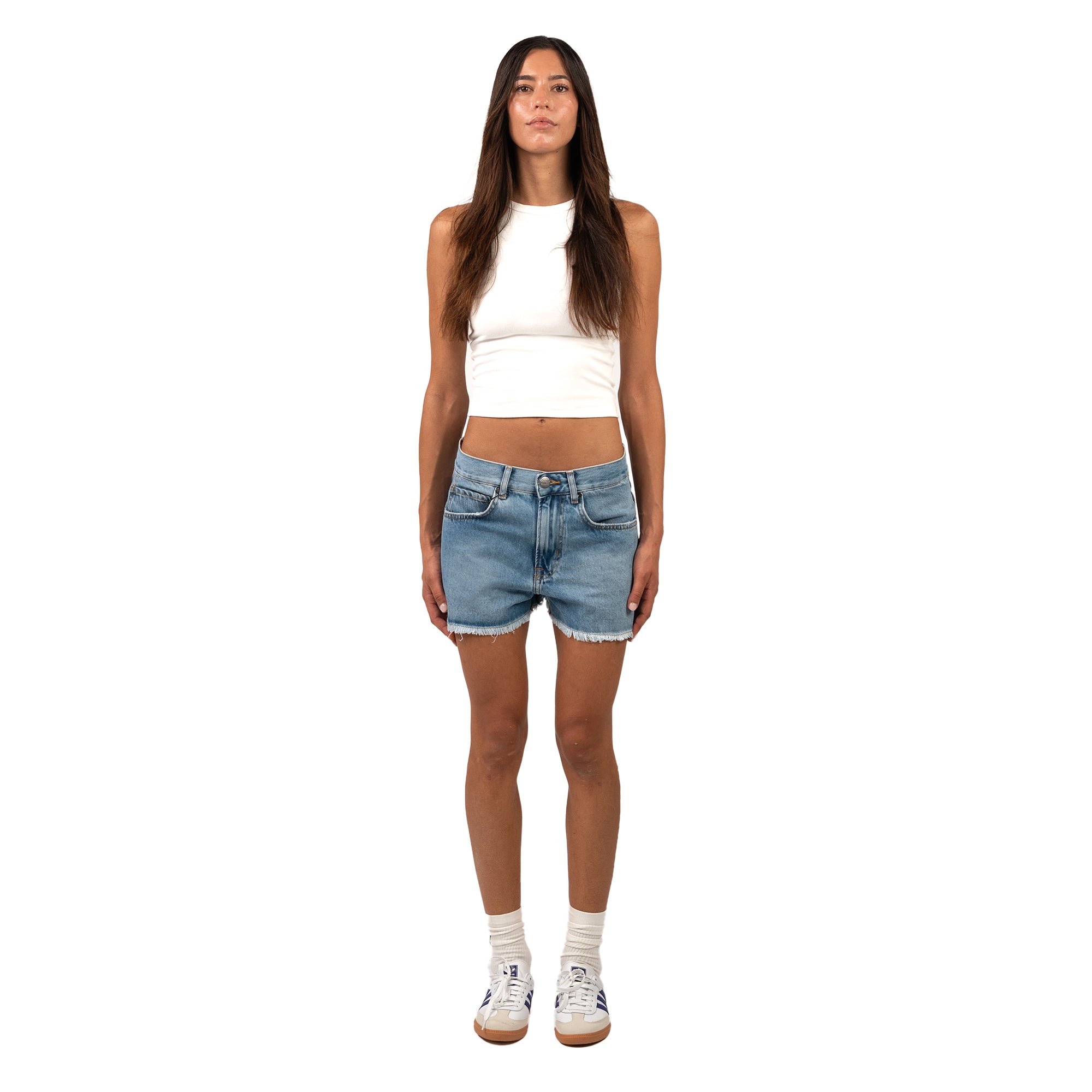 ⁠Blue Denim Women Mid Length Shorts